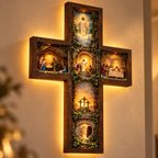 Cruz con la historia de Jesús tallada en madera
