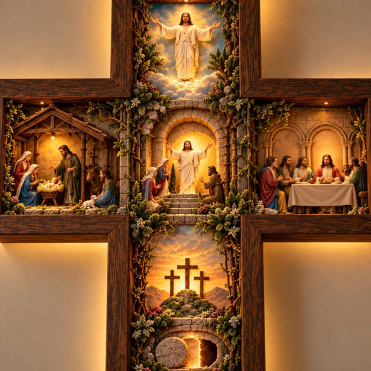 Cruz con la historia de Jesús tallada en madera